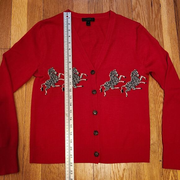 J. Crew NWOT Red 100% Merino Wool Zebra Novelty Print Cardigan Sweater Size S - Picture 9 of 11
